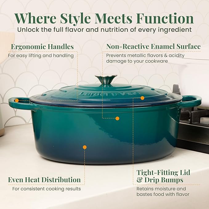 Larder & Vine Enameled Cast Iron 8 qt Dutch Oven Pot with Lid | Bread Baking | Compatible on All Cooktops & Oven Safe to 500° F | Great for Sourdough Bread | Bondi