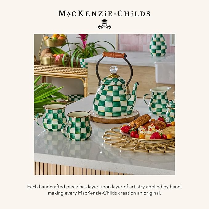 MACKENZIE-CHILDS Medium Kitchen Canister, Decorative Glass Storage Jar with Lid, Green-and-White Emerald Check