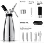 Whipped Cream Dispenser Stainless Steel Keep Warm and Cold,500mL/1 Pint Double Wall Thermos Whipped Cream Maker,5 Various Stainless Decorating Nozzles,1 Cleaning Brush,N2O Chargers NOT Included