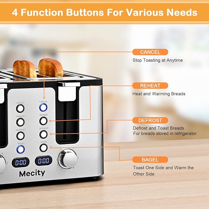 Mecity 4 Slot Stainless Steel Toaster - 4 Slice With Warming Rack, Cool to Touch, Bagel/Defrost/Reheat Functions, Removable Tray, 6 Browning Settings, Extra Wide Slots, 1500W