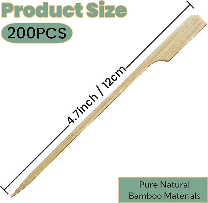 4.7 Inch Flat Toothpicks Wood Skewers for Appetizers 200 PCS Mini Skewers for Finger Food Picks, Bamboo Sticks for Fruit (4.7 Inch)