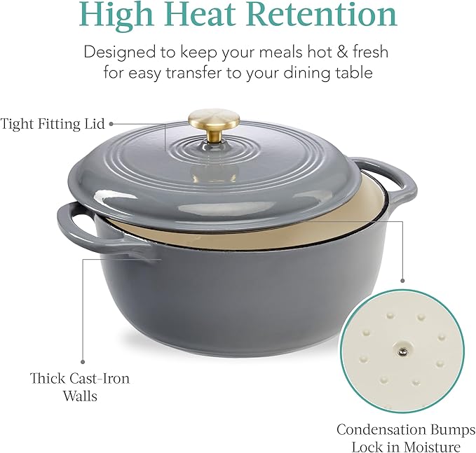 Best Choice Products 7.5 Quart Enamel Cast-Iron Round Dutch Oven, Family Style Heavy-Duty Pre-Seasoned Cookware for Home, Kitchen, Dining Room, Oven Safe w/Lid, Dual Handles - Graphite Gray