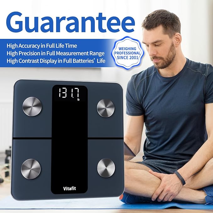 Vitafit Smart Bathroom Scale Body Weight, High Accuracy Assured by Weight Scale Professional Factory Since 2001, App Sync 13 Body Composition Including BMI, Body Fat and Muscle, 400lb, LED, Black
