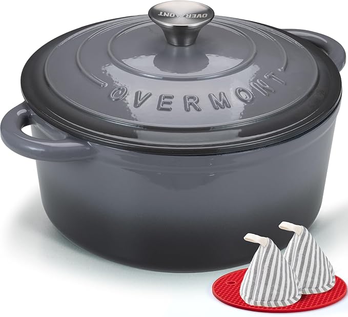 Overmont Enameled Cast Iron Dutch Oven - 7QT Pot with Lid Cookbook & Cotton Potholders - Heavy-Duty Cookware for Braising, Stews, Roasting, Bread Baking grey