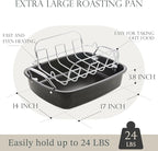 KITESSENSU Nonstick Turkey Roasting Pan with Rack 17 x 14 inch - Large Chicken Roaster Pan for Oven - Wider Handles & Heavy Duty Construction - Suitable for 24lb Turkey, Gray