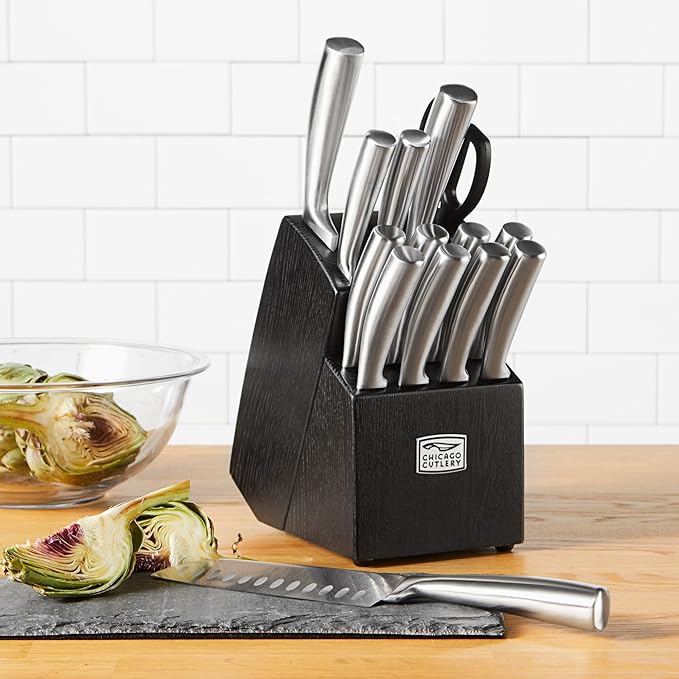 Chicago Cutlery Malden (16-PC) Kitchen Knife Block Set With Wooden Block & Built-In Sharpener, Contoured Handles and Sharp Stainless Steel Professional Chef Knife Set & Scissors