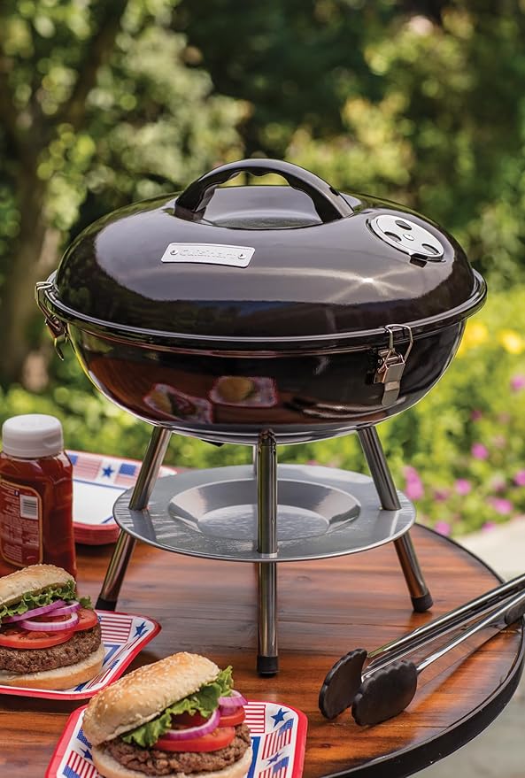 Cuisinart 14" Portable Charcoal Grill, Tabletop Outdoor Small Grill with Locking Lid and Dual Vents, Chrome Plated Travel Size BBQ Perfect for Camping, Tailgates, Cookouts, Black