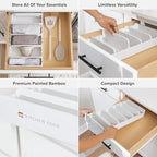 KitchenEdge Bamboo Kitchen Towel and Food-Storage Organizer, Perfect for Kitchen Drawers, Cabinets, Pantry, 5 Adjustable Wall Inserts, Non-Slip Feet, Organize Food Containers, Food-Safe White Finish