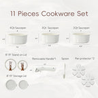 CAROTE Ceramic Sauce Pan Sets with Stand-Up Lid 2QT, 3QT & 4QT, 11 Piece NonStick Kitchen Cookware Sets with Detachable Handle, Non Toxic Cooking Pot, Oven Safe, Induction Ready, Cream White