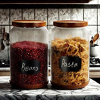 SAIOOL 2-Pack Striped Borosilicate Glass Airtight Canisters - Big mouth Large Capacity, Acacia Wood Lid, Food Storage Jars for Flour, Pasta, Pantry Organization (1 Gallon （2 Striped pack）)