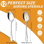 BEWOS 12-Piece Serving Spoons Set, 6 Serving Spoon and 6 Slotted Spoons, 9.1-Inch Utensils Set for Parties, Stainless Steel, Dishwasher Safe, Large Spoon For Buffet