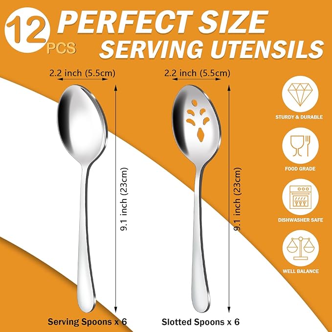 BEWOS 12-Piece Serving Spoons Set, 6 Serving Spoon and 6 Slotted Spoons, 9.1-Inch Utensils Set for Parties, Stainless Steel, Dishwasher Safe, Large Spoon For Buffet