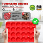 24 Cup Silicone Mini Muffin Pan,Nonstick Food Grade Silicone Baking Cups, Great for Making Muffin Cakes, Tart, Bread- Just Pop Out