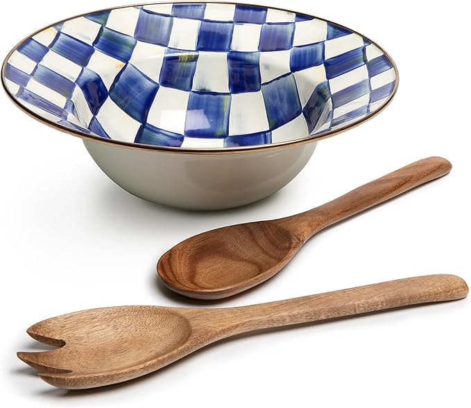 MACKENZIE-CHILDS Enamel Salad Serving Set, Enamel Bowl and Wooden Salad Servers, Decorative Kitchen Set, Blue-and-White Royal Check