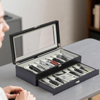 AUTOARK 2-Tier PU Leather & Velvet Knife Organizer with 17 Slots,Transparent Glass Top & Drawer,Compact Storage for Pocket Knives,Perfect for Men's Collections & Gifts,Black,MKAW015