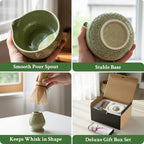 Matcha Whisk Set - Ceramic Matcha Set Includes Matcha Bowl, Whisk and Holder, Bamboo Scoop, Scoop Rest, Sifter and Tea Towel - 7 Pcs Ceremonial Gift Kit for Matcha Lovers (Floral Green)