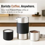 Camping French Press Coffee Maker Set - 12 oz | Portable Travel French Press Coffee Maker | Double Wall Insulated with Dual Stainless Filters & 2 Steel Canisters for Grounds, Tea, Creamer & Sugar