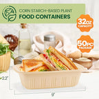 100 Piece (50 Pack) Meal Prep Containers with Lids,32 oz Resuable Cornstarch Material Salad Containers, Plant-based Lunch Boxes, Plastic Take Out Bowls BPA Free, Microwave Freezer Safe, Stackable