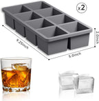 Samuelworld Large Silicone Ice Cube Tray Molds, 2-Pack, Big 2 Inch Cubes - Food Grade, Flexible, 8 Cavity Easy Release Slow Melting Ice for Whiskey, Cocktails, Gifts & Christmas - Grey