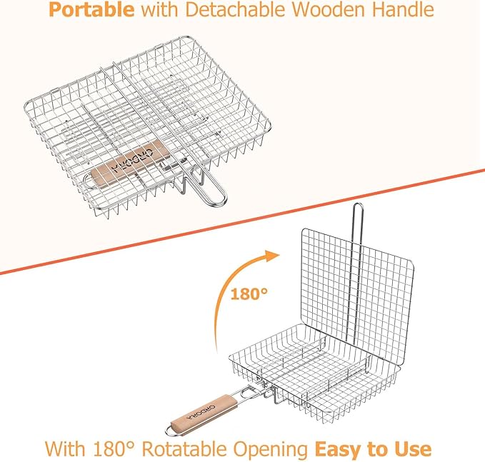 ORDORA Grill Basket, Fish Grill Basket, Rustproof Stainless Steel BBQ Grilling Basket for Meat,Steak etc, Grill Accessories,Grilling Gifts for Men Dad