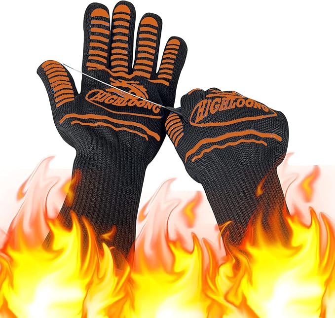 1472°F Extreme BBQ Gloves Grill Oven Safety Gloves, Cut Resistant with Non-Slip Silicone for Grilling, Frying, Baking, Fireplace, Cooking (2 Pieces Set) (Orange Strips Long)
