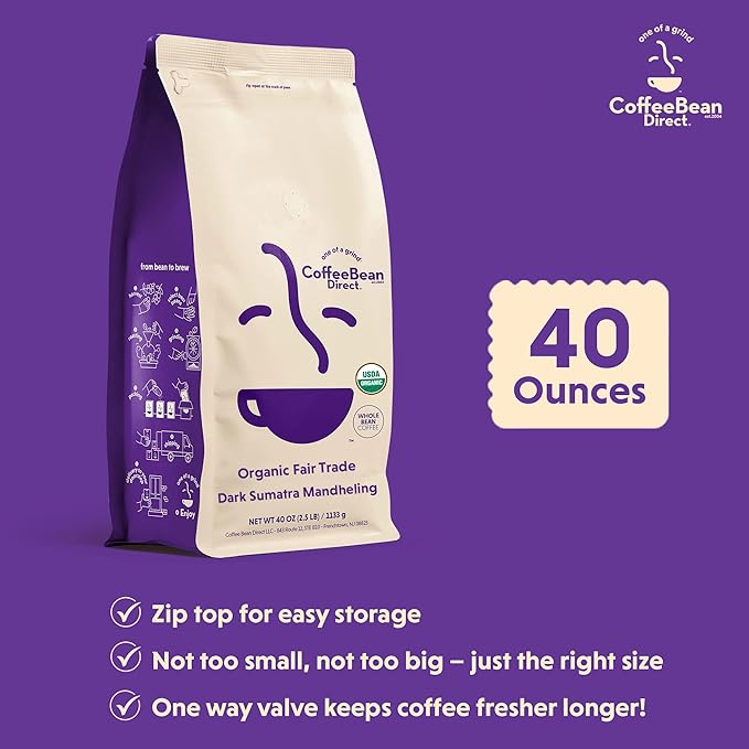 Coffee Bean Direct Organic Fair Trade Dark Sumatra Mandheling, Whole Bean Coffee, Dark Roast, 2.5 Pound Bag (Pack of 1)