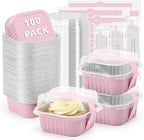 Ruckae 5oz 100 Pcs Square Mini Loaf Pans with Lids-Disposable Foil Dessert Containers,Mini Cake Pans with Lids,Aluminum Dessert Cups for Parties and Weddings (Pink, 5oz)