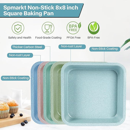 2-Pack 8 inch Square Baking Pan, Non-Stick Square Cake Pan for Cakes Lasagna Brownies, 8x8 Baking Pan, Even Heating, Easy to Clean, Light Blue