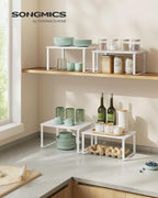 SONGMICS Cabinet Organizer Shelf, Set of 4 Kitchen Counter Shelves, Kitchen Storage, Spice Rack, Stackable, Expandable, Metal and Engineered Wood, Cloud White and Snow White UKCS027W01