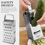 Stainless Steel Vegetable Grater, 4-Sided Portable Metal Grater, Cheese Grater with Handle for Kitchen (8inch)