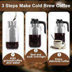Cold Brew Coffee Maker Pitcher, 64 Oz Heavy Duty Glass Mason Jar Pitcher with V-shaped Pour Spout Handle Lid,Stainless Steel Filter for Iced Coffee,Iced tea,Fruit Drinks,lemonade - Black