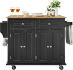 VEVOR Kitchen Island Cart, 35" Wood Top Mobile Carts with Storage Cabinet, Rolling Table with Drop Leaf, Spice Rack, Towel Bar, Adjustable Shelf, Drawer, and Hooks, Portable Islands on Wheels, Black