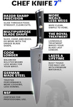 Dalstrong Chef Knife - 7 inch - Gladiator Series Elite - Forged High Carbon German Steel - Razor Sharp Kitchen Knife - Full Tang - Black G10 Handle - Sheath Included - Chef's Knife - NSF Certified