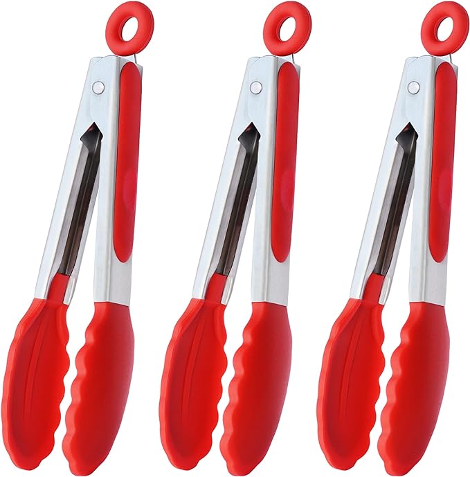 7-Inch Mini Silicone Tongs Small Serving Tongs for Appetizers, Set of 3 (Red)