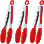 7-Inch Mini Silicone Tongs Small Serving Tongs for Appetizers, Set of 3 (Red)