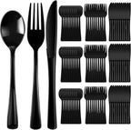 Minatee 150 Pieces Disposable Cutlery Set Plastic Silverware Heavy Duty Utensil Sets 50 Forks 50 Knives 50 Spoons for Home Office School Party Picnics Restaurant Outdoor Events(Black)