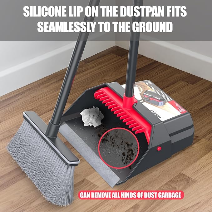 Broom with Dustpan Combo Set, Dust Pans with Long Handle, Brooms with Dustpan, Dust Pan Broom Kit for Home Kitchen & Yard Outside Sweeping(Gray&Red)