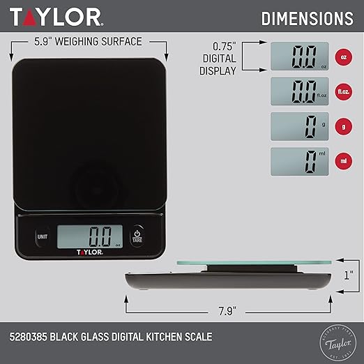 Taylor Glass Top Food Scale with Touch Controls, 11 lb Capacity, Sleek Black Design for Precision Food Measurement in Grams and Ounces