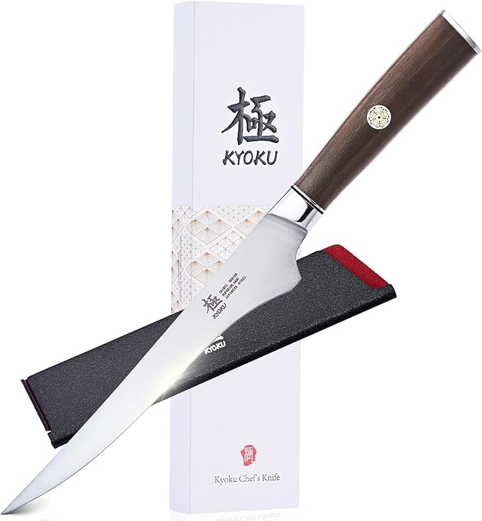 KYOKU 6.5 Inch Boning Knife - Daimyo Series - Butcher Knife with Ergonomic Rosewood Handle, and Mosaic Pin - Japanese 440C Stainless Steel Kitchen Knife with Sheath & Case