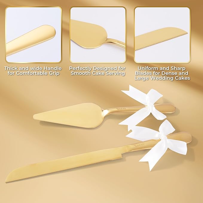 Wedding Cake Cutting Set, Elegant Wedding Cake Knife and Server Set with Thick Stainless Steel Wide Handle, Cake Cutting Set for Wedding Anniversary Christmas, Cake Cutter, 2 Cute Forks and Bows, Gold