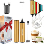 Rechargeable Electric Milk Frother Handheld,2-Speed Travel Frother with Tube Case, Milk Foamer Coffee Frother for Latte, Cappuccino, Drink Mixer with 2 Stainless Whisks and Charger Golden