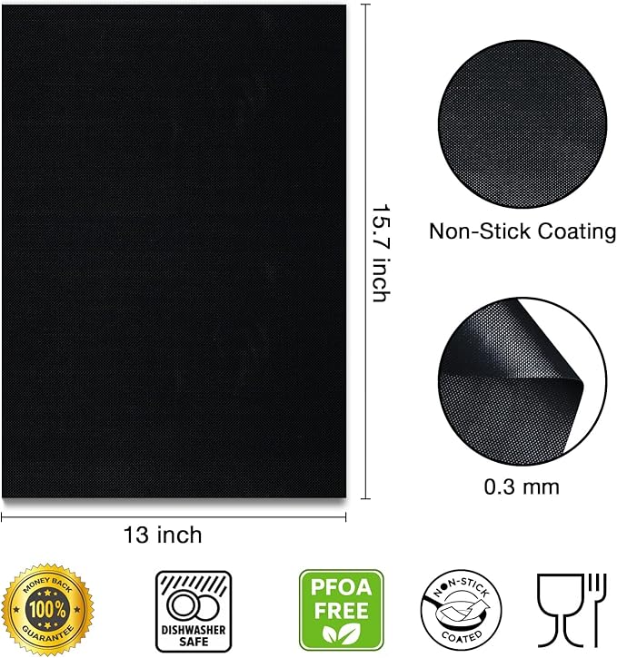 Black Grill Mats Set of 6 - Non-Stick Heavy Duty Teflon Grill Sheets for Charcoal, Gas & Electric Smokers