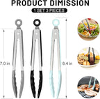 Hotec Mini Silicone Kitchen Tongs for Cooking - 7-Inch Small Serving Tongs with Silicone Tips, Set of 3 (Black,Grey,Light Blue)