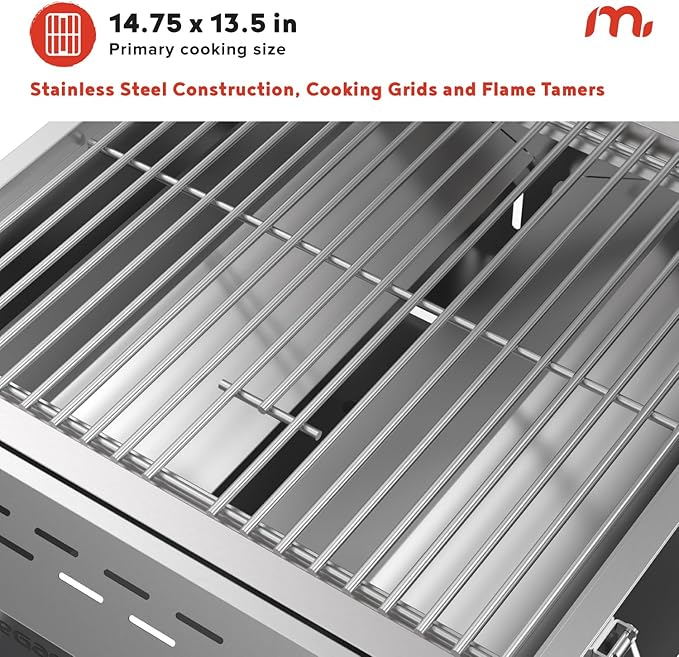 Megamaster 2-Burner Stainless Steel Portable Gas Grill with Built-In Lid, 16,000 BTUs, Foldable Legs, Small Propane Grill for Outdoor Cooking, Camping, Tailgating, Patios, and More - 820-0033M