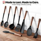 Silicone Head cooking & Serving Spoon + Slotted Spatula Set: Cookling Utensil with Long Wooden Handles, Heat Resistant Cookware, Protects Surfaces with Gentle Head Design