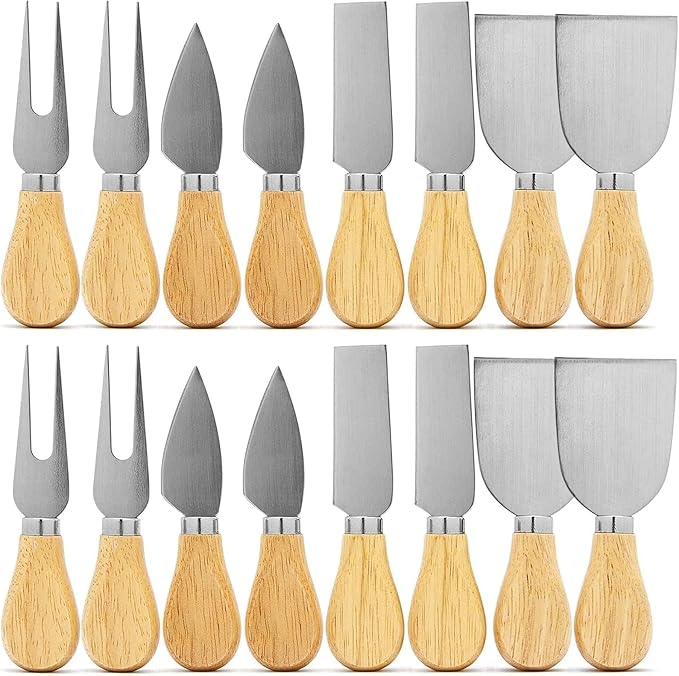 16 Pcs Mini Cheese Knife Set with Oak Handle - Stainless Steel Charcuterie Knife Set Including Cheese Fork, Slicer - Perfect for Charcuterie Boards