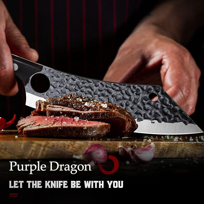 Purple Dragon Kitchen Knife 8 Inch Ultra Sharp Japanese Butcher Knife for Meat Cleaver Vegetable Cutting with Finger Hole Hand Forged High Carbon Steel Chef Knives Christmas Gift for Men and Women