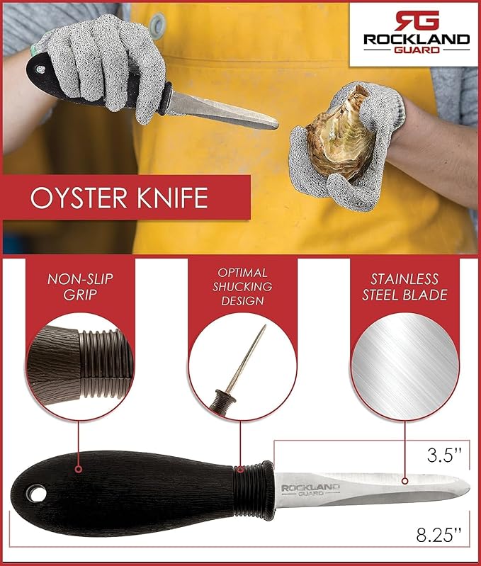 Rockland Guard Professional Oyster Shucking Knife Set - Includes 3.5" Stainless Steel Oyster Shucker with Non-Slip Handle & Bent Tip, Kitchen Cutting Gloves - Food-Grade, Dishwasher-Safe Seafood Tools Set - Medium