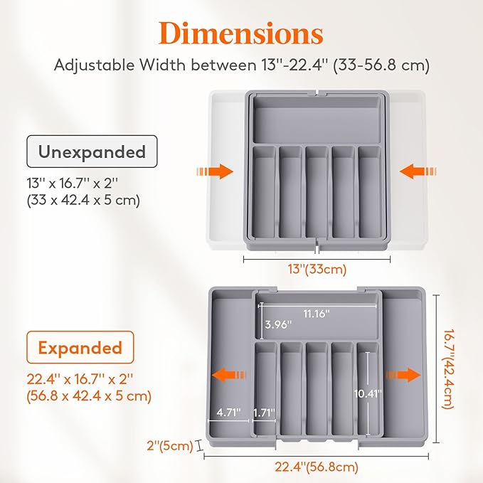 Lifewit Deep Silverware Drawer Organizer for Kitchen, Expandable Utensil Tray, Adjustable Flatware Cutlery Holder, Large Plastic Kitchen Storage for Spoons Forks Knives, 22.4 x 16.7 x 2 inches, Gray
