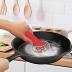 Cast Iron Scrubber with Long Handle | 316 Cast Iron Cleaner Chainmail Scrubber for Cast Iron Pan Skillet Cleaner - Dish Scouring Pad Dishwasher Safe Cleaning Kit (Red, 1 Scrubber + 1 Scraper)